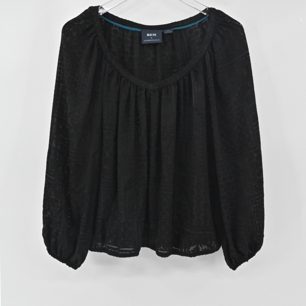 Anthropologie Maeve Burnout Top Womens Sz S Boho Black Whimsigoth Balloon Sleeve